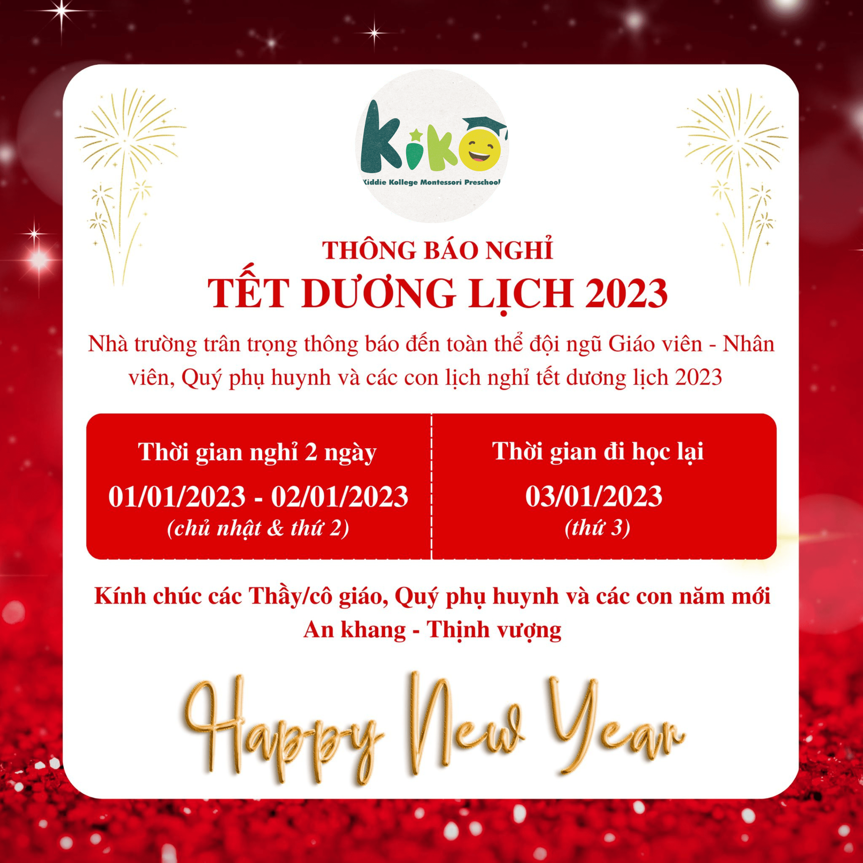 thông báo lịch nghỉ tết dương lịch 2023